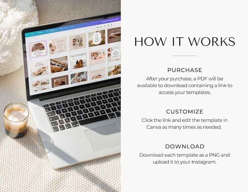 May include: A laptop computer displaying a Canva design template with a grid of 20 images. The images are of a spa setting with a neutral colour palette. The text "HOW IT WORKS" is displayed above the laptop. The text below the laptop reads "PURCHASE", "CUSTOMIZE", and "DOWNLOAD".