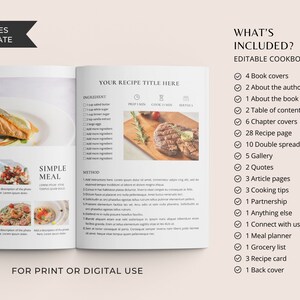 Puede incluir: Una plantilla de libro de cocina con fondo blanco y borde marr&oacute;n. La portada presenta una foto de un plato de salm&oacute;n y el texto "Tu t&iacute;tulo de receta aqu&iacute;". Las p&aacute;ginas interiores muestran una lista de ingredientes y un m&eacute;todo para una receta. El texto "Comida sencilla" tambi&eacute;n es visible. El lado derecho de la p&aacute;gina muestra una lista de verificaci&oacute;n de lo que se incluye en el libro de cocina, como portadas de libros, p&aacute;ginas de recetas y un planificador de comidas. El texto "&iquest;Qu&eacute; se incluye? Libro de cocina editable" est&aacute; en la parte superior de la p&aacute;gina.