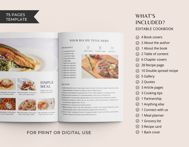 Puede incluir: Una plantilla de libro de cocina con fondo blanco y borde marr&oacute;n. La portada presenta una foto de un plato de salm&oacute;n y el texto "Tu t&iacute;tulo de receta aqu&iacute;". Las p&aacute;ginas interiores muestran una lista de ingredientes y un m&eacute;todo para una receta. El texto "Comida sencilla" tambi&eacute;n es visible. El lado derecho de la p&aacute;gina muestra una lista de verificaci&oacute;n de lo que se incluye en el libro de cocina, como portadas de libros, p&aacute;ginas de recetas y un planificador de comidas. El texto "&iquest;Qu&eacute; se incluye? Libro de cocina editable" est&aacute; en la parte superior de la p&aacute;gina.