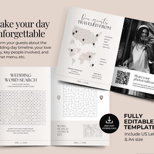 May include: A wedding stationery set with a light beige background. The set includes a word search, a map showing guest locations, and a photo of a couple. Text includes "Make your day unforgettable" and "Fully Editable Template".