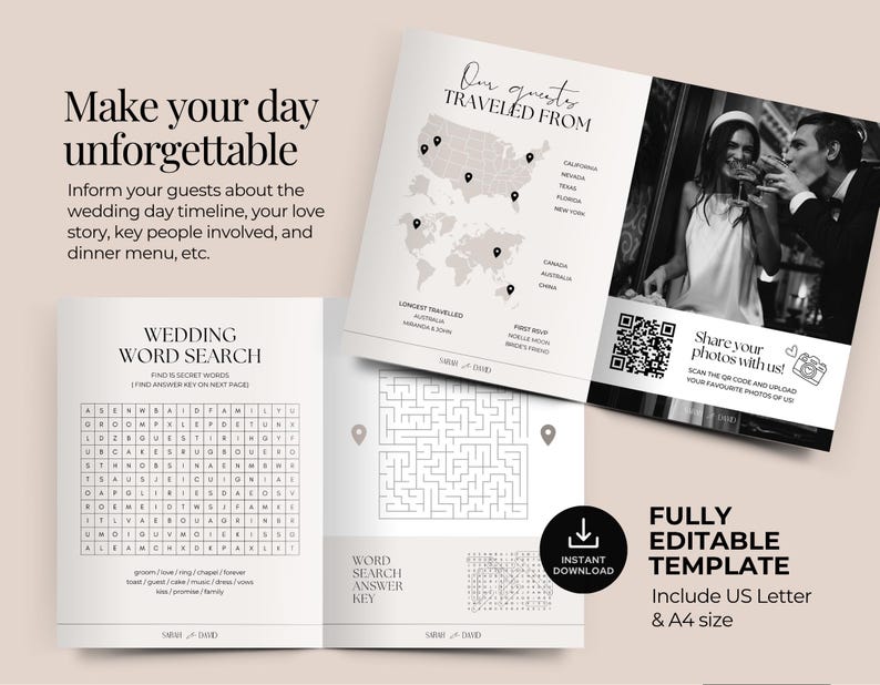 May include: A wedding stationery set with a light beige background. The set includes a word search, a map showing guest locations, and a photo of a couple. Text includes "Make your day unforgettable" and "Fully Editable Template".