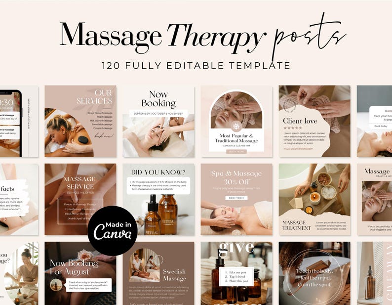 May include: A set of 120 social media post templates designed for massage therapy businesses. The templates feature a range of designs, including images of massage therapists, spa treatments, and products. The text on the templates includes phrases such as "Massage Therapy Posts", "Our Services", "Now Booking", "Did You Know?", "Spa & Massage 30% Off", "Client Love", "Massage Treatment", "Swedish Massage", "Give", "Took my body, healed my mind, calmed my spirit", and "Made in Canva".