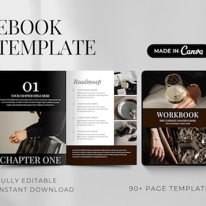 以下が含まれることがあります： 白黒のデザインの電子書籍テンプレート。表紙には「EBOOK TEMPLATE」と「CHAPTER ONE」の文字が記載されています。ワークブックの表紙には「WORKBOOK」と「THE ULTIMATE COACHING BOOK」の文字が記載されています。テンプレートは完全に編集可能で、すぐにダウンロードできます。