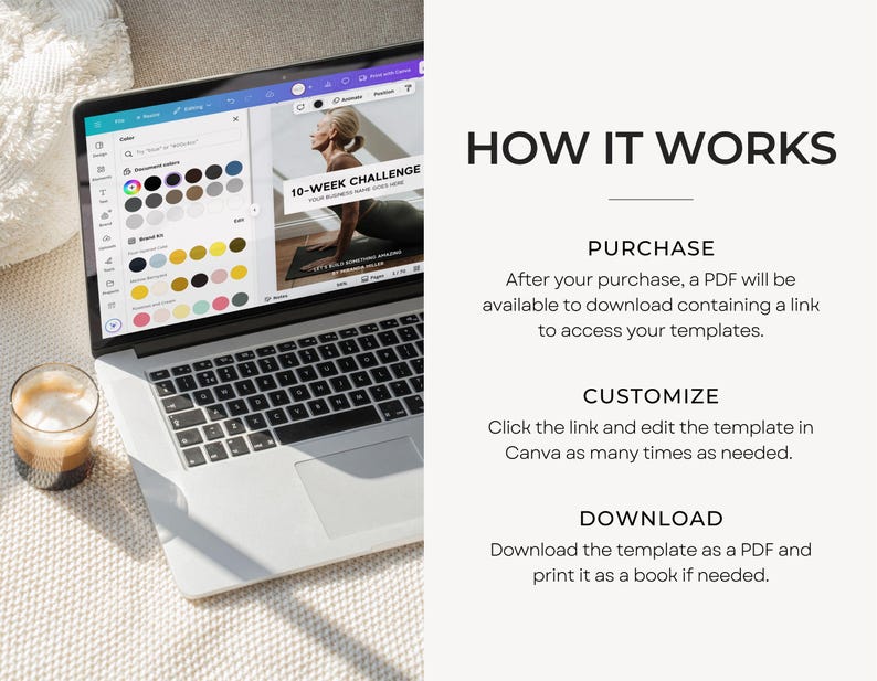 Pu&ograve; includere: Un computer portatile che mostra un modello di progettazione Canva per una sfida di 10 settimane. Il testo "HOW IT WORKS" &egrave; visualizzato sopra un elenco di passaggi: Acquista, Personalizza e Scarica.