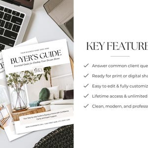 Może przedstawiać: Szablon przewodnika dla kupujących nieruchomości ze zdjęciem salonu z kanapą i roślinami. Dokument zawiera tekst BUYER'S GUIDE, Essential Guide for Finding Your Dream Home oraz listę kluczowych cech produktu gotowego do druku.