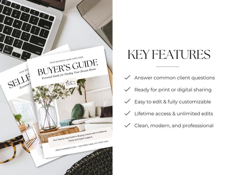 Może przedstawiać: Szablon przewodnika dla kupujących nieruchomości ze zdjęciem salonu z kanapą i roślinami. Dokument zawiera tekst BUYER'S GUIDE, Essential Guide for Finding Your Dream Home oraz listę kluczowych cech produktu gotowego do druku.