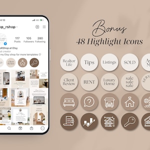 May include: A collection of 48 highlight icons for Instagram, featuring a variety of real estate related designs. The icons are in a minimalist style with brown and white colors. The icons include designs such as a house, a key, a dollar sign, a graph, and a person.