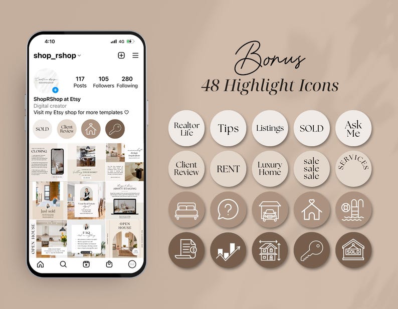 May include: A collection of 48 highlight icons for Instagram, featuring a variety of real estate related designs. The icons are in a minimalist style with brown and white colors. The icons include designs such as a house, a key, a dollar sign, a graph, and a person.