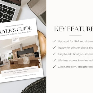 May include: A white document titled BUYER'S GUIDE with a photograph of a modern kitchen featuring wood cabinets and a marble island. The document includes text about home buying, a placeholder for a business name, and a list of key features.