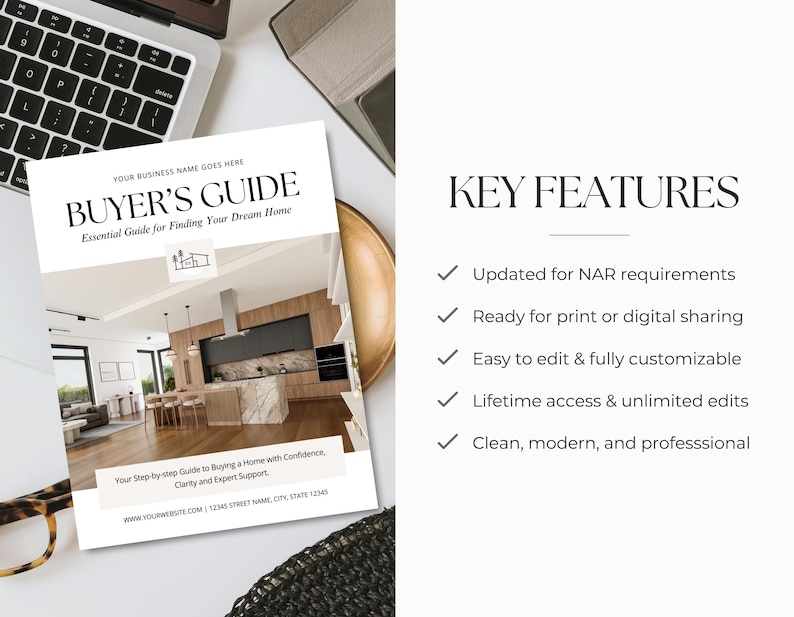 May include: A white document titled BUYER'S GUIDE with a photograph of a modern kitchen featuring wood cabinets and a marble island. The document includes text about home buying, a placeholder for a business name, and a list of key features.