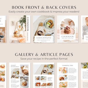 May include: A collection of images showcasing different layouts for a cookbook. The images include a book cover, a recipe page, a gallery page, and a page with cooking tips. The images are all in a minimalist style with a neutral color palette.