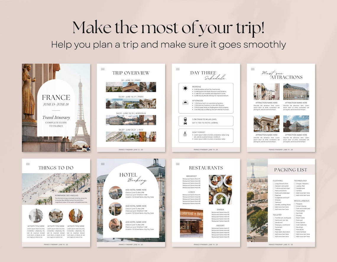 Editable Travel Itinerary Template | Trip Itinerary | Printable Travel ...