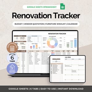 Peut inclure: Un outil de suivi de rénovation numérique pour Google Sheets affiché sur un écran d'ordinateur portable et de tablette. L'interface comprend un budget, des devis de fournisseurs, une liste de souhaits de meubles et un calendrier. Des badges circulaires indiquent les fonctionnalités de calcul automatique, 6 onglets et suivi budgétaire.