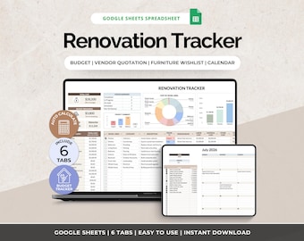 May include: A digital renovation tracker for Google Sheets displayed on a laptop and tablet screen. The interface features a budget, vendor quotation, furniture wishlist, and calendar. Circular badges indicate auto-calculate, 6 tabs, and budget tracker features.
