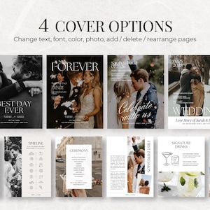May include: A display of wedding stationery options. The image showcases four cover designs with text options like "Best Day Ever" and "Forever." Additional pages include timelines, ceremony details, and signature drinks. The text "4 COVER OPTIONS" is at the top.
