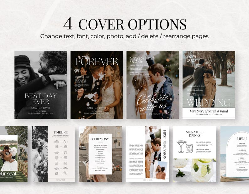 May include: A display of wedding stationery options. The image showcases four cover designs with text options like "Best Day Ever" and "Forever." Additional pages include timelines, ceremony details, and signature drinks. The text "4 COVER OPTIONS" is at the top.