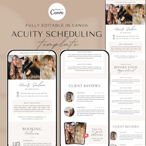 May include: A mobile phone screen displaying a website for a hair salon. The website includes the salon's name, location, hours of operation, a photo of the stylist, and a booking button. The website also includes client reviews and a section for before your appointment.