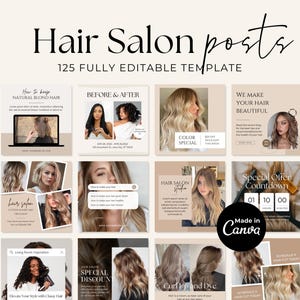 May include: A collection of 125 social media post templates for hair salons. The templates feature images of women with different hairstyles, as well as text overlays with phrases like "Hair Salon", "Color Special", "Before & After", and "Special Offer Countdown". The templates are designed to be used on platforms like Instagram and Facebook.