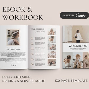 May include: A 130-page ebook and workbook template for coaches. The cover features a collage of photos of a woman in different settings. The text on the cover reads "Workbook: The Ultimate Coaching Book. Your Business Name Here."