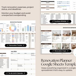 May include: A digital renovation planner Google Sheets template featuring a Renovation Tracker, Furniture Wishlist, Renovation Inspiration, and a To-do List & Calendar. The interface includes charts, tables, and task lists to track expenses, project status, and deadlines for home improvement projects.