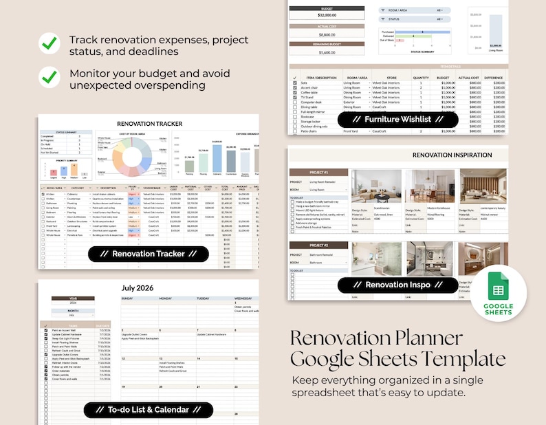 May include: A digital renovation planner Google Sheets template featuring a Renovation Tracker, Furniture Wishlist, Renovation Inspiration, and a To-do List & Calendar. The interface includes charts, tables, and task lists to track expenses, project status, and deadlines for home improvement projects.