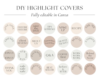 May include: A set of 24 round highlight covers for Instagram featuring various text phrases in a minimalist style. The covers are in shades of beige and white.