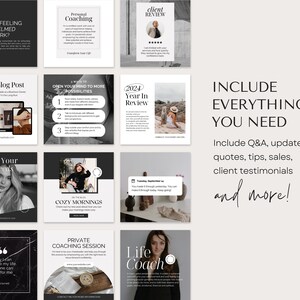 May include: A collage of nine Instagram posts for a life coach. The posts include topics such as personal coaching, new blog posts, 5 things your brand needs, cozy mornings, private coaching sessions, and a client review. The posts are designed in a minimalist style with black and white colors.