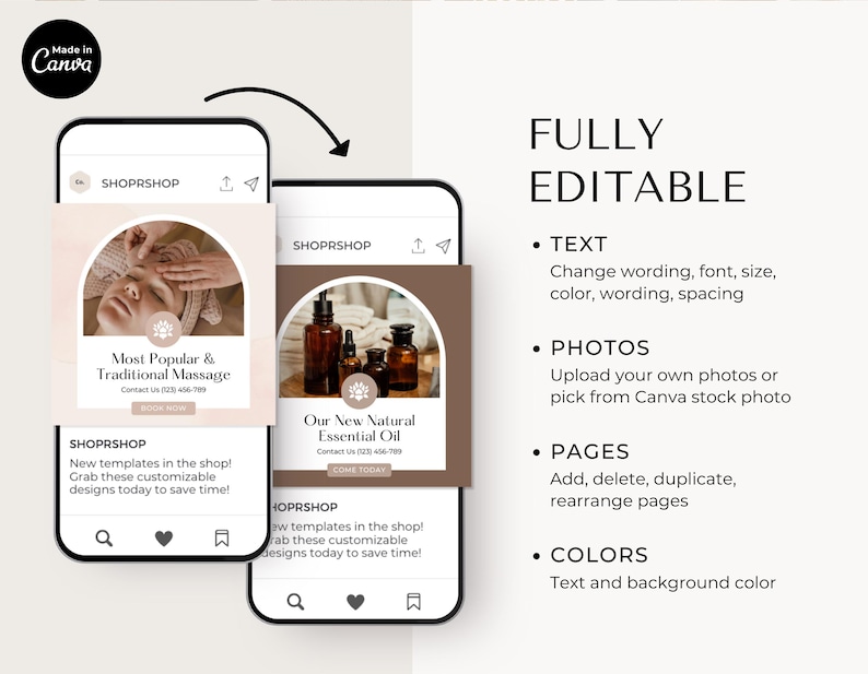 May include: Two phone screen mockups displaying customisable templates for a spa or beauty business. The first mockup shows a photo of a person receiving a massage with the text "Most Popular & Traditional Massage". The second mockup shows a photo of essential oils with the text "Our New Natural Essential Oil".