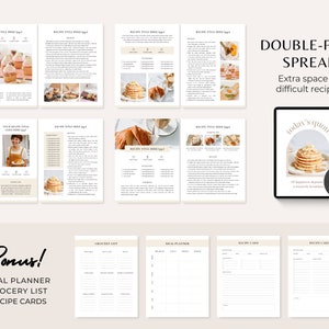 Puede incluir: Un planificador de recetas imprimible con una doble p&aacute;gina para recetas m&aacute;s largas. El planificador incluye un planificador de comidas, una lista de la compra y tarjetas de recetas. La imagen muestra una variedad de fotos de comida, incluyendo panqueques, cupcakes y huevos.