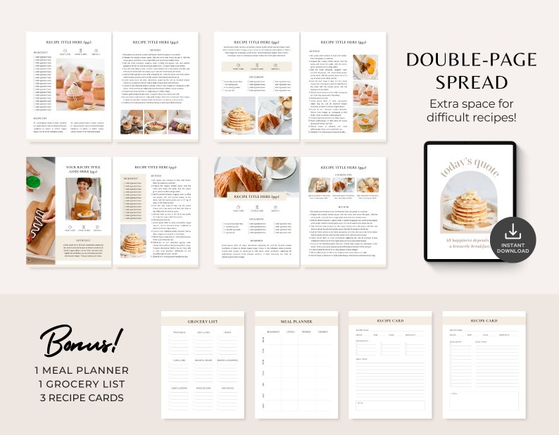 Puede incluir: Un planificador de recetas imprimible con una doble p&aacute;gina para recetas m&aacute;s largas. El planificador incluye un planificador de comidas, una lista de la compra y tarjetas de recetas. La imagen muestra una variedad de fotos de comida, incluyendo panqueques, cupcakes y huevos.