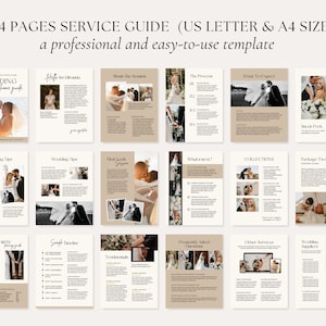 Peut inclure: Un mod&egrave;le de guide de service de photographie de mariage de 24 pages au format US Letter et A4. Le mod&egrave;le pr&eacute;sente un design professionnel et facile &agrave; utiliser avec des images de couples et de d&eacute;tails de mariage. Le guide comprend des sections sur le processus du photographe, &agrave; quoi s'attendre, les collections, les forfaits, les prix, les t&eacute;moignages et les questions fr&eacute;quemment pos&eacute;es.