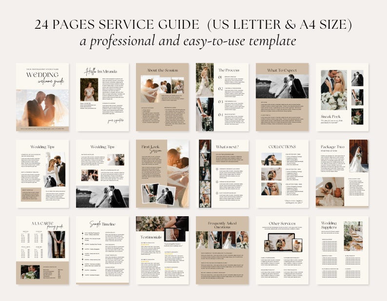 Peut inclure: Un mod&egrave;le de guide de service de photographie de mariage de 24 pages au format US Letter et A4. Le mod&egrave;le pr&eacute;sente un design professionnel et facile &agrave; utiliser avec des images de couples et de d&eacute;tails de mariage. Le guide comprend des sections sur le processus du photographe, &agrave; quoi s'attendre, les collections, les forfaits, les prix, les t&eacute;moignages et les questions fr&eacute;quemment pos&eacute;es.