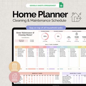 Könnte beinhalten: Ein digitaler Google Sheets Haushaltsplaner für Reinigung und Wartung auf einem Laptop-Bildschirm. Das Dashboard enthält einen täglichen Aufgabenplaner, Fortschrittsdiagramme sowie Abschnitte für monatliche und vierteljährliche Aufgaben.