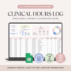 Puede incluir: Una plantilla digital de registro de horas clínicas para Google Sheets mostrada en una pantalla de portátil. La interfaz incluye un panel con gráficos, una tabla de entrada de datos para horas directas, indirectas y supervisadas, e iconos de cálculo automático, dos pestañas y gráficos integrados.