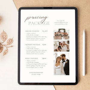 May include: A digital tablet displaying a pricing package for a photography studio. The package includes three options: Deluxe, Modern, and Basic. Each package includes a different number of hours of photography, wardrobe changes, digital images, and turnaround time. The tablet is on a brown surface with a white stylus next to it.