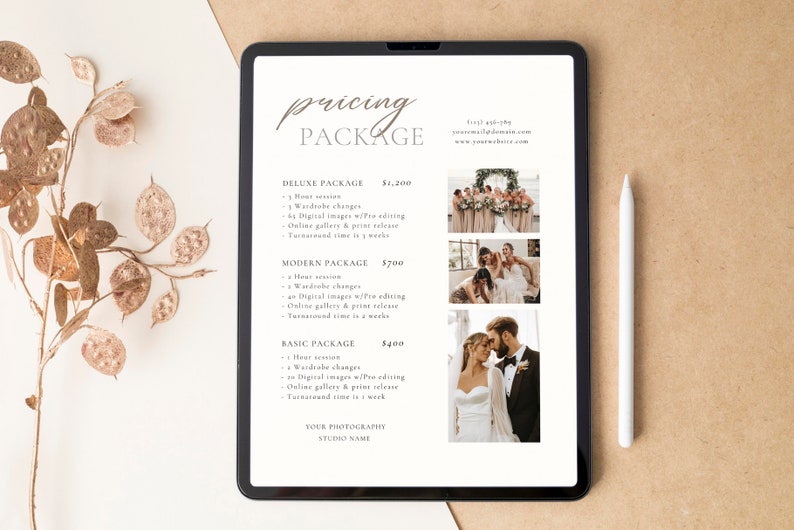 May include: A digital tablet displaying a pricing package for a photography studio. The package includes three options: Deluxe, Modern, and Basic. Each package includes a different number of hours of photography, wardrobe changes, digital images, and turnaround time. The tablet is on a brown surface with a white stylus next to it.