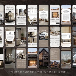 May include: A collection of smartphone-sized graphics with real estate themes. Each graphic features images of houses, text like "Luxury Real Estate," "Open House," and "Just Sold," and design elements in neutral tones. The bottom text reads "MAKING YOUR LISTINGS STAND OUT ON SOCIAL MEDIA."