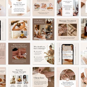 May include: A set of Instagram story templates for a massage therapy business. The templates feature a range of images and text, including photos of massage therapists, clients, and massage tools. The text includes information about the business's services, pricing, and special offers. The templates are designed to be visually appealing and informative, and they are a great way to promote the business on social media.