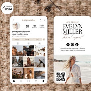 May include: A mockup of a phone screen and business card on a woven surface. The phone screen displays an Instagram profile for a photographer, with a grid of photos. The business card features the name "EVELYN MILLER, Travel agent" with social media icons and contact information.
