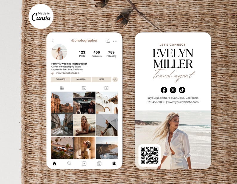 May include: A mockup of a phone screen and business card on a woven surface. The phone screen displays an Instagram profile for a photographer, with a grid of photos. The business card features the name "EVELYN MILLER, Travel agent" with social media icons and contact information.