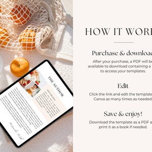 May include: A digital tablet displaying a document with the title "The Author" and the text "Meet Miranda". The document is on a white surface with a mesh bag filled with oranges.