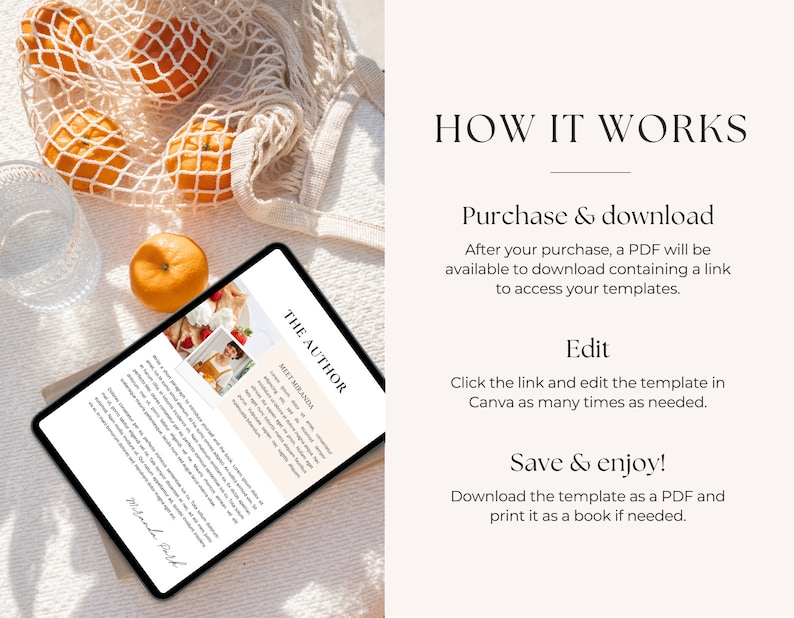 May include: A digital tablet displaying a document with the title "The Author" and the text "Meet Miranda". The document is on a white surface with a mesh bag filled with oranges.