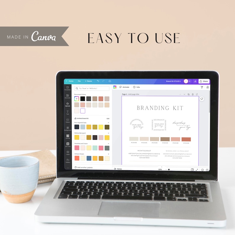 May include: A laptop screen displaying a Canva design template for a branding kit. The template includes a color palette with hex codes, three logo options, and the text "Branding Kit".