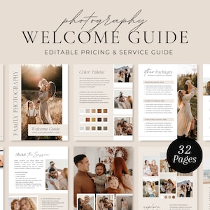 Pode incluir: Um guia de boas-vindas para os serviços de fotografia familiar. O guia inclui informações sobre o fotógrafo, os preços e os pacotes. O guia tem 32 páginas e apresenta uma paleta de cores neutras bege, marrom e branco.