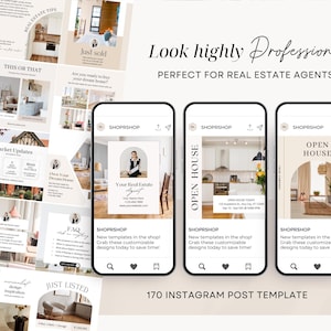 May include: A collection of 170 customizable Instagram post templates for real estate agents. The templates feature a variety of designs, including photos of houses, open house signs, and real estate agent profiles. The templates are designed to help real estate agents create professional and engaging social media content.
