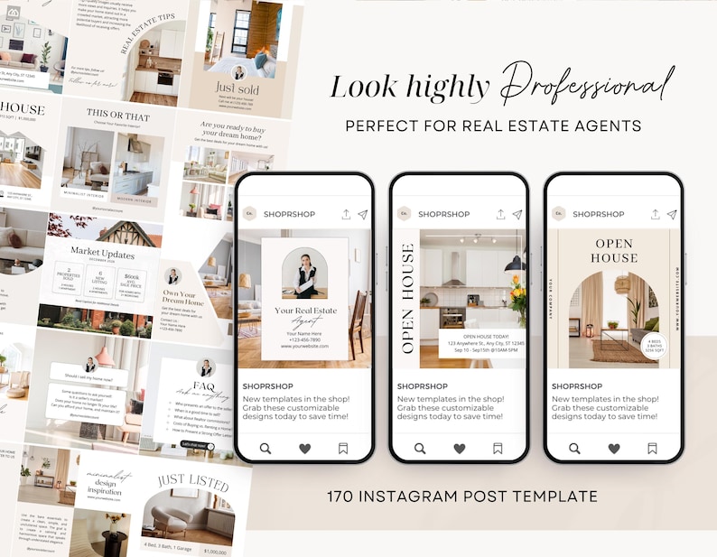 May include: A collection of 170 customizable Instagram post templates for real estate agents. The templates feature a variety of designs, including photos of houses, open house signs, and real estate agent profiles. The templates are designed to help real estate agents create professional and engaging social media content.