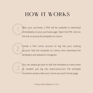 May include: A diagram with three steps explaining how to use a Canva template. Step 1: Download a PDF with a link to the template. Step 2: Create a free Canva account or log in to an existing account. Step 3: Edit the template and download it to Instagram.