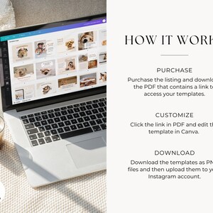 Pode incluir: Um computador port&aacute;til com uma tela que exibe um modelo de design Canva para postagens de m&iacute;dia social. O modelo apresenta um fundo marrom claro com uma imagem de cachorro e texto. O laptop est&aacute; em uma superf&iacute;cie branca com uma x&iacute;cara de caf&eacute;.