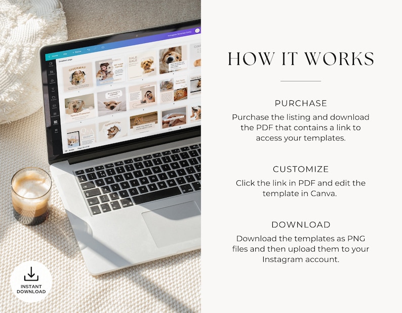 Pode incluir: Um computador port&aacute;til com uma tela que exibe um modelo de design Canva para postagens de m&iacute;dia social. O modelo apresenta um fundo marrom claro com uma imagem de cachorro e texto. O laptop est&aacute; em uma superf&iacute;cie branca com uma x&iacute;cara de caf&eacute;.