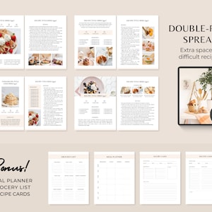 May include: A digital printable cookbook template with a double-page spread design. The template includes a meal planner, grocery list, and recipe cards. The image shows a mockup of the template with a photo of a kitchen scene and the text "COOKBOOK" and "INSTANT DOWNLOAD".